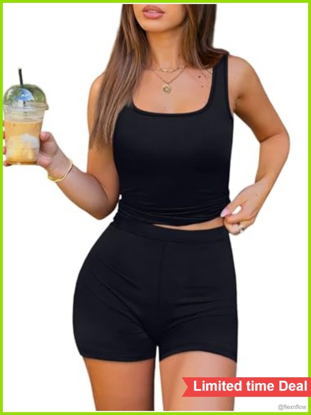 Two Piece Workout Set Square Neck Tank Top High Waisted Shorts Slim Fit